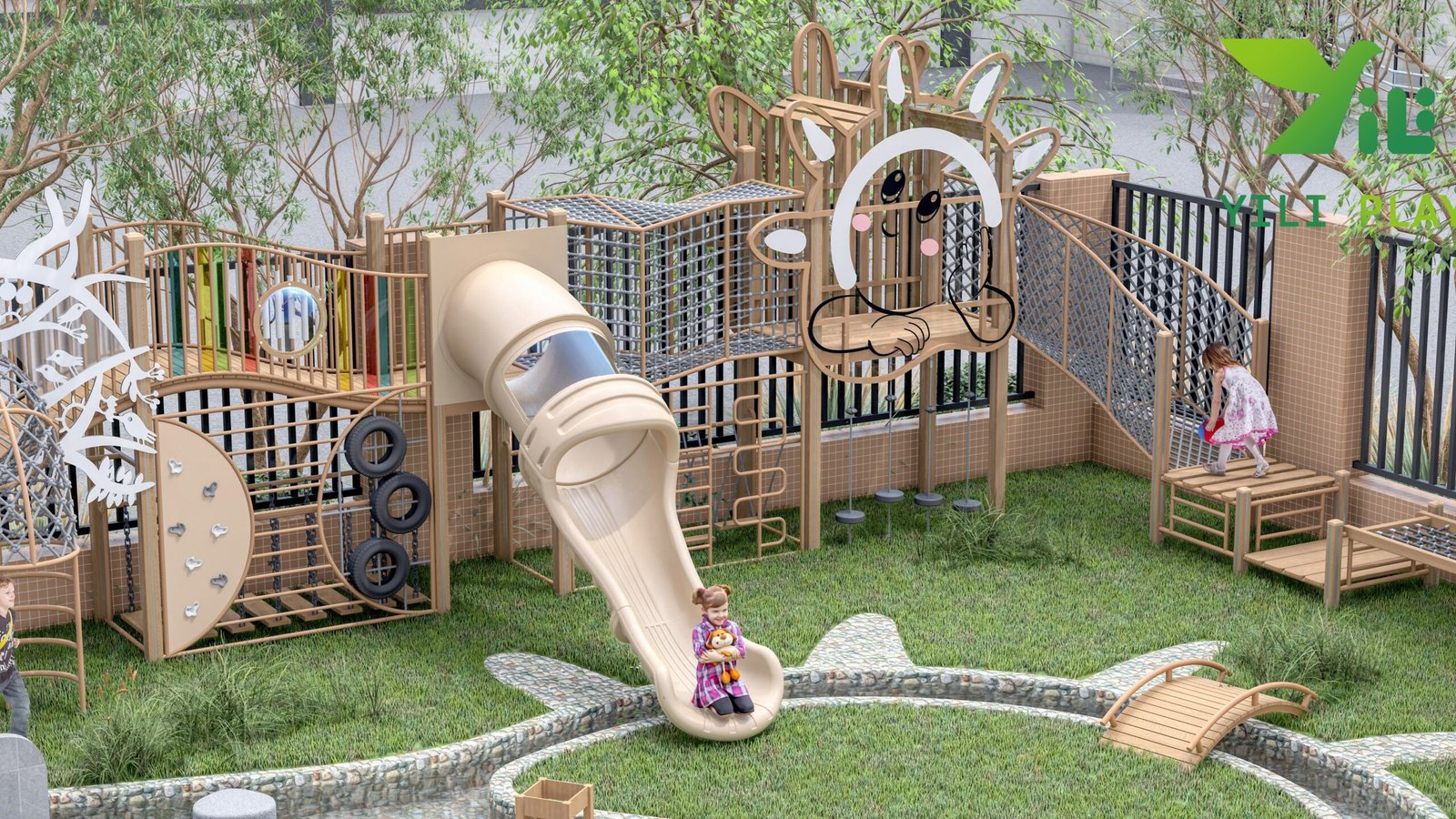 galvanized steel outdoor playground equipment with climbing towers tunnels and nets EN1176 certified
