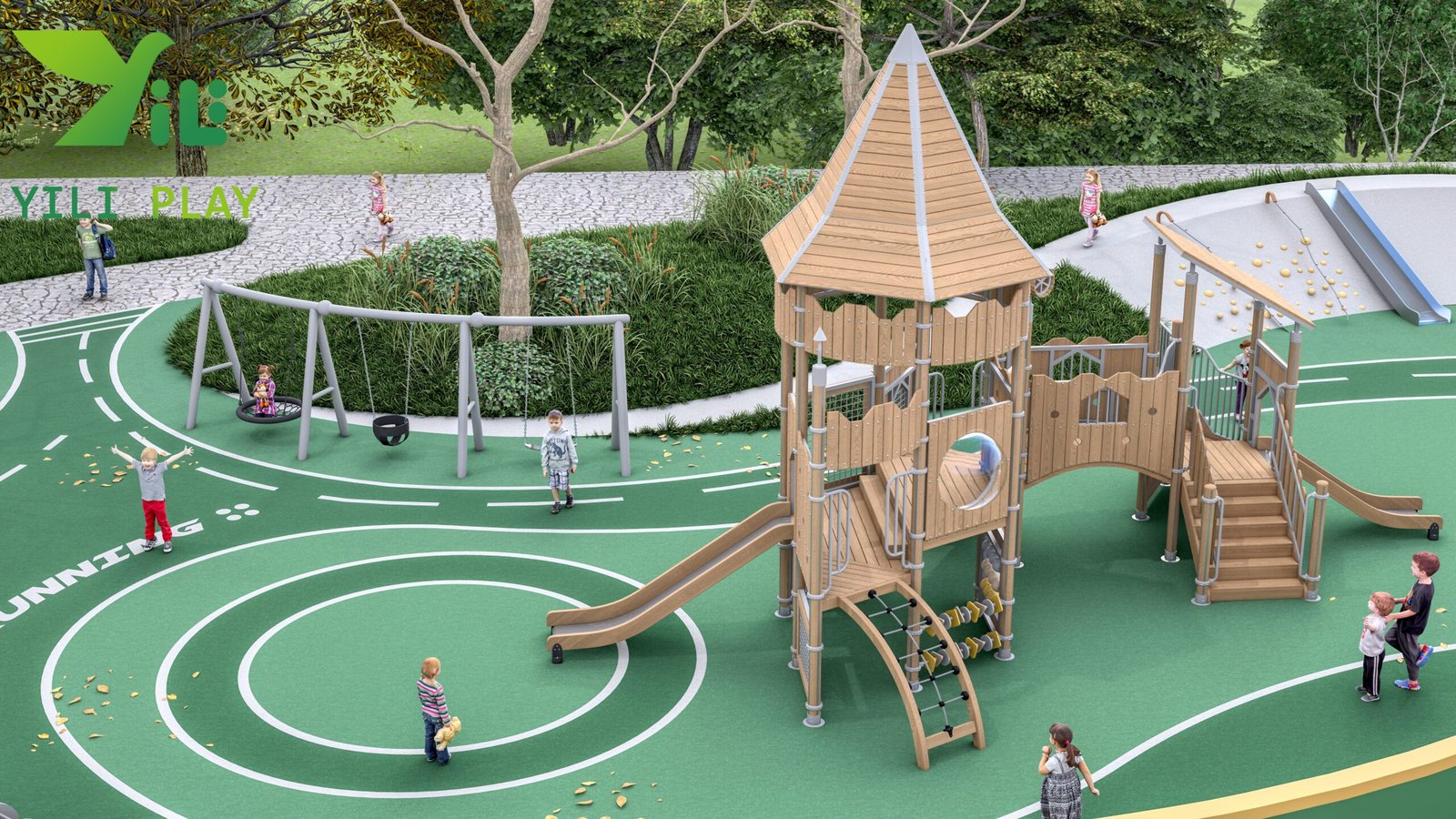 plastic wood outdoor playground equipment with slides climbing nets and towers EN1176 certified