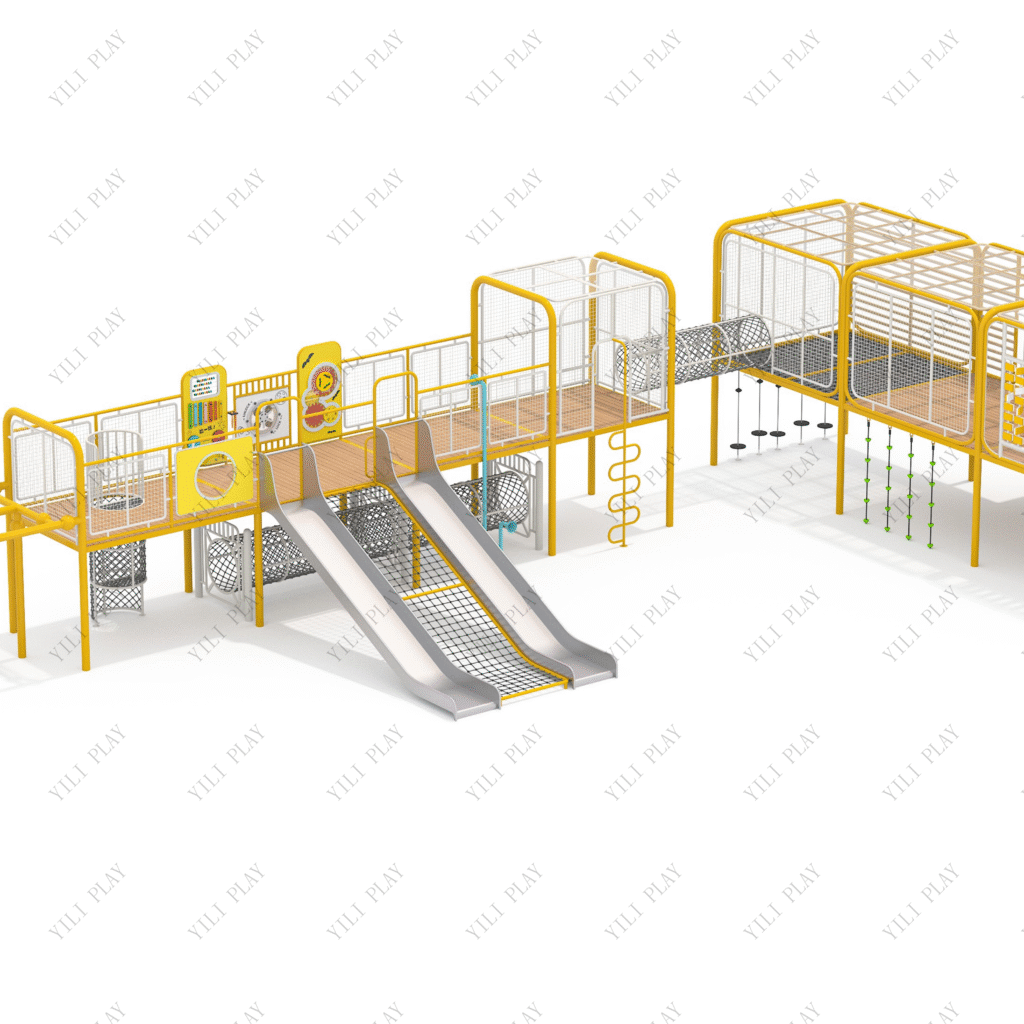 galvanized steel and plastic wood outdoor playground with slides, swings, and climbing nets
