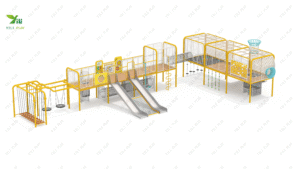 galvanized steel and plastic wood outdoor playground with slides, swings, and climbing nets