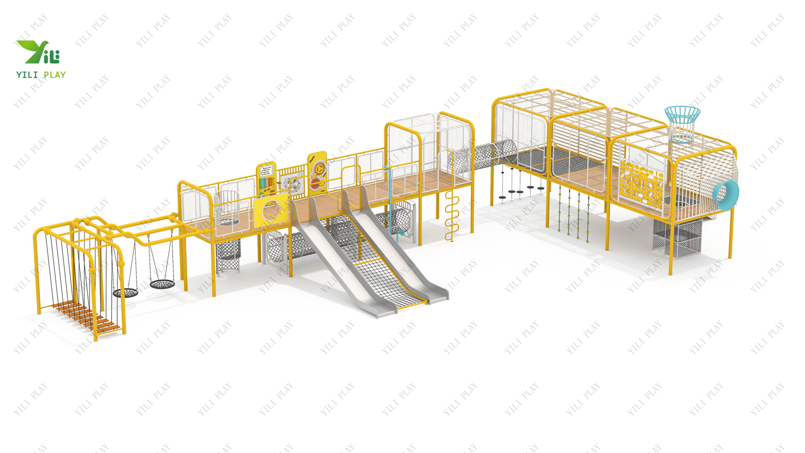 galvanized steel and plastic wood outdoor playground with slides, swings, and climbing nets