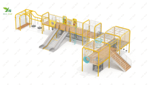 galvanized steel and plastic wood outdoor playground with slides, swings, and climbing nets