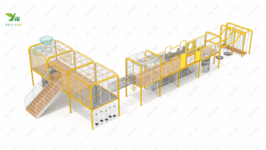 galvanized steel and plastic wood outdoor playground with slides, swings, and climbing nets
