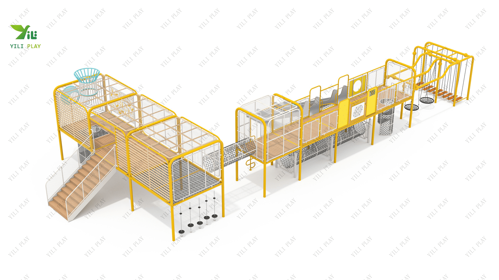 galvanized steel and plastic wood outdoor playground with slides, swings, and climbing nets
