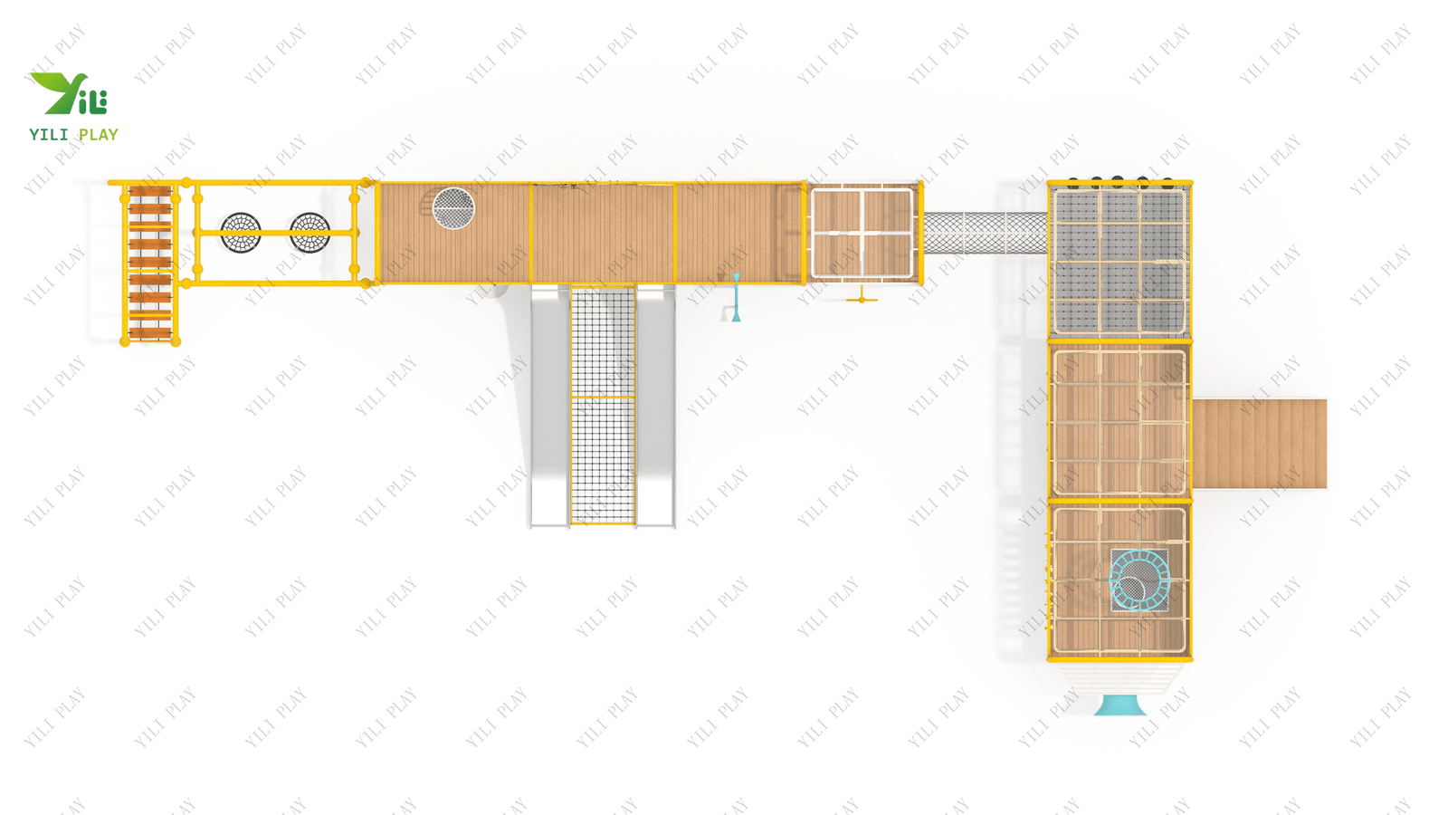 galvanized steel and plastic wood outdoor playground with slides, swings, and climbing nets