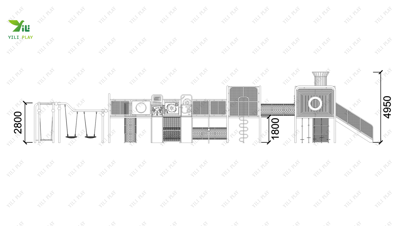 galvanized steel and plastic wood outdoor playground with slides, swings, and climbing nets