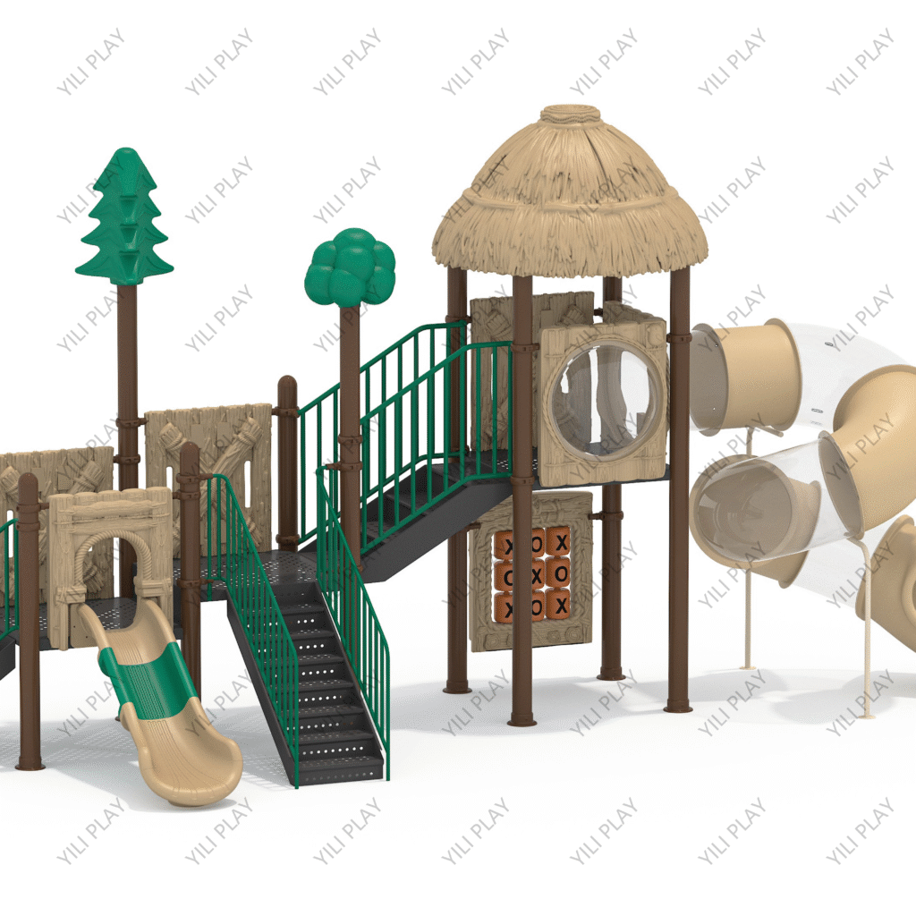 forest style plastic outdoor playground equipment with slides, climbing structures, and nature decorations