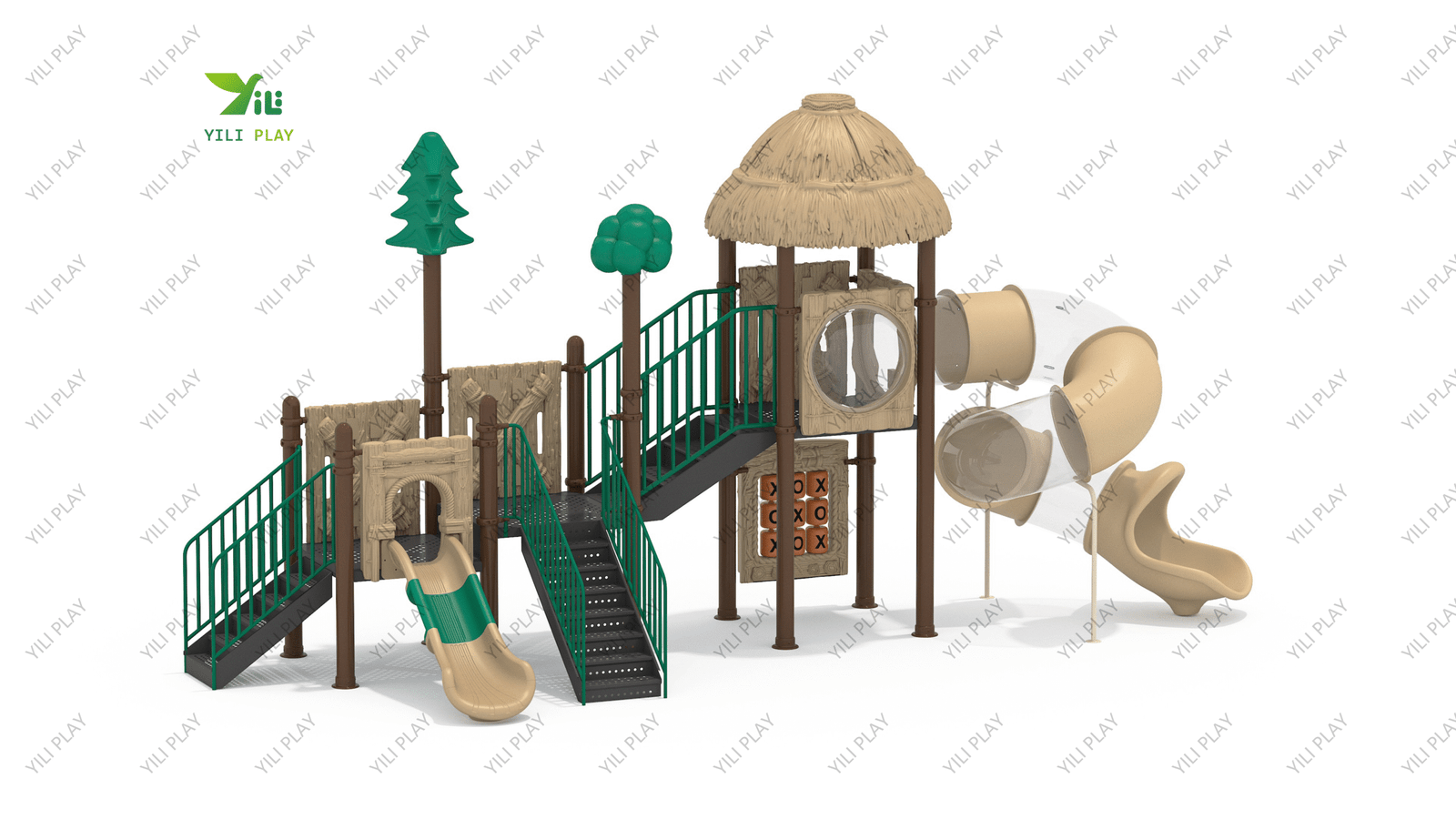 forest style plastic outdoor playground equipment with slides, climbing structures, and nature decorations