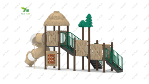 forest style plastic outdoor playground equipment with slides, climbing structures, and nature decorations