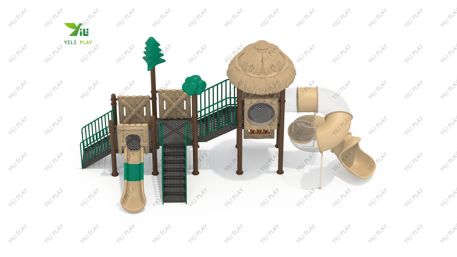 forest style plastic outdoor playground equipment with slides, climbing structures, and nature decorations