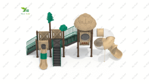 forest style plastic outdoor playground equipment with slides, climbing structures, and nature decorations