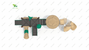 forest style plastic outdoor playground equipment with slides, climbing structures, and nature decorations