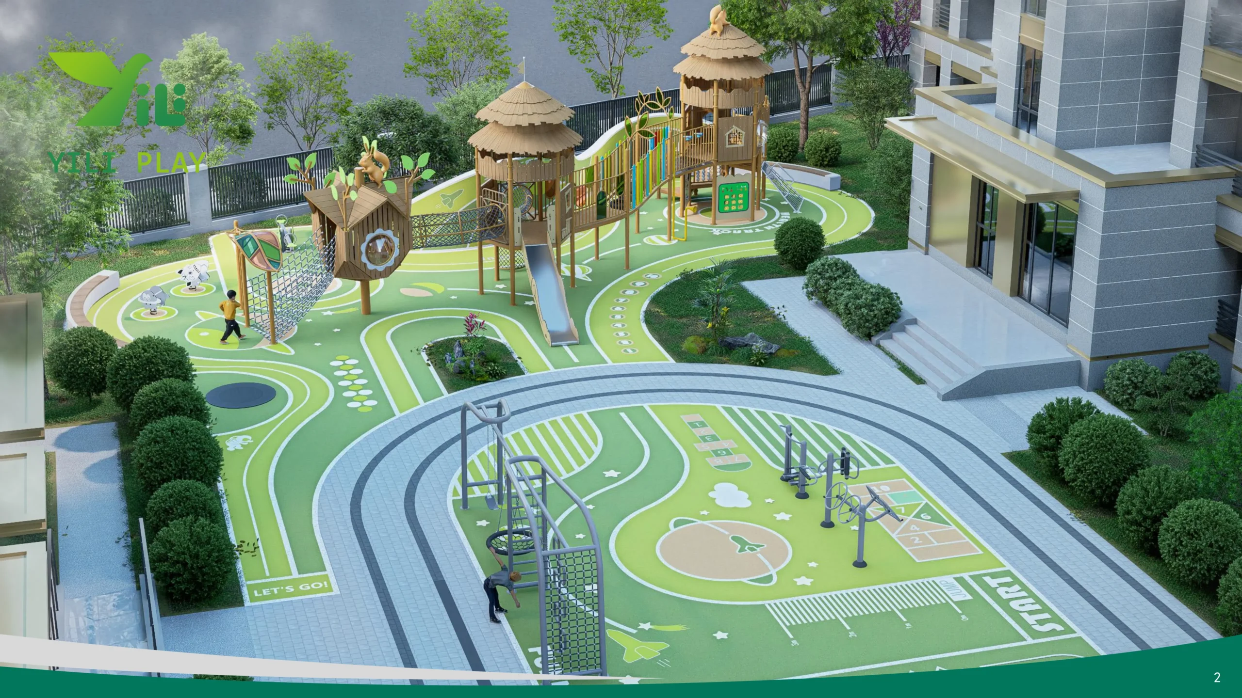 Plastic wood squirrel cage outdoor playground with climbing nets, rope bridges, and tower cabins in forest-inspired style