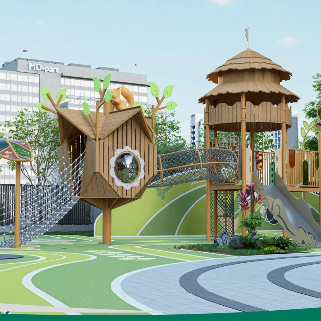 Plastic wood squirrel cage outdoor playground with climbing nets, rope bridges, and tower cabins in forest-inspired style