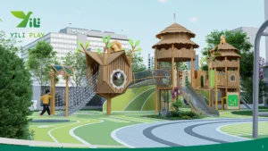 Plastic wood squirrel cage outdoor playground with climbing nets, rope bridges, and tower cabins in forest-inspired style