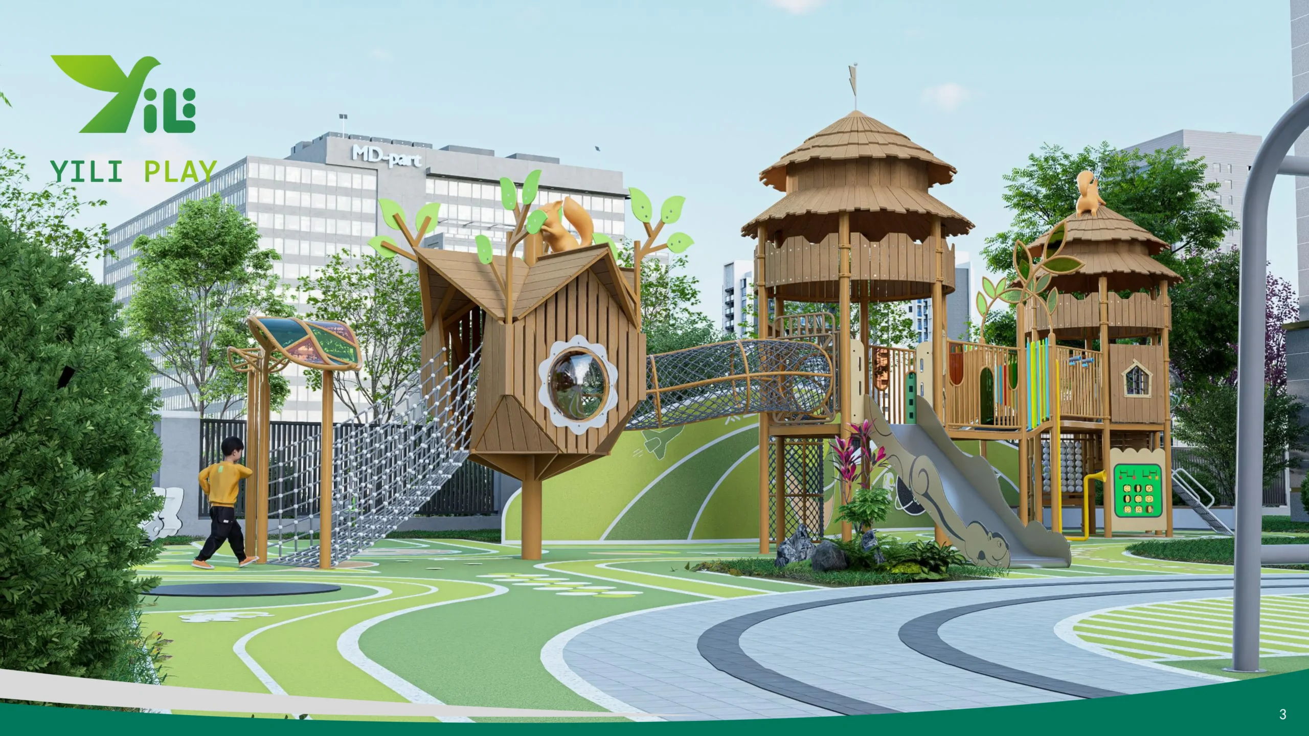 Plastic wood squirrel cage outdoor playground with climbing nets, rope bridges, and tower cabins in forest-inspired style