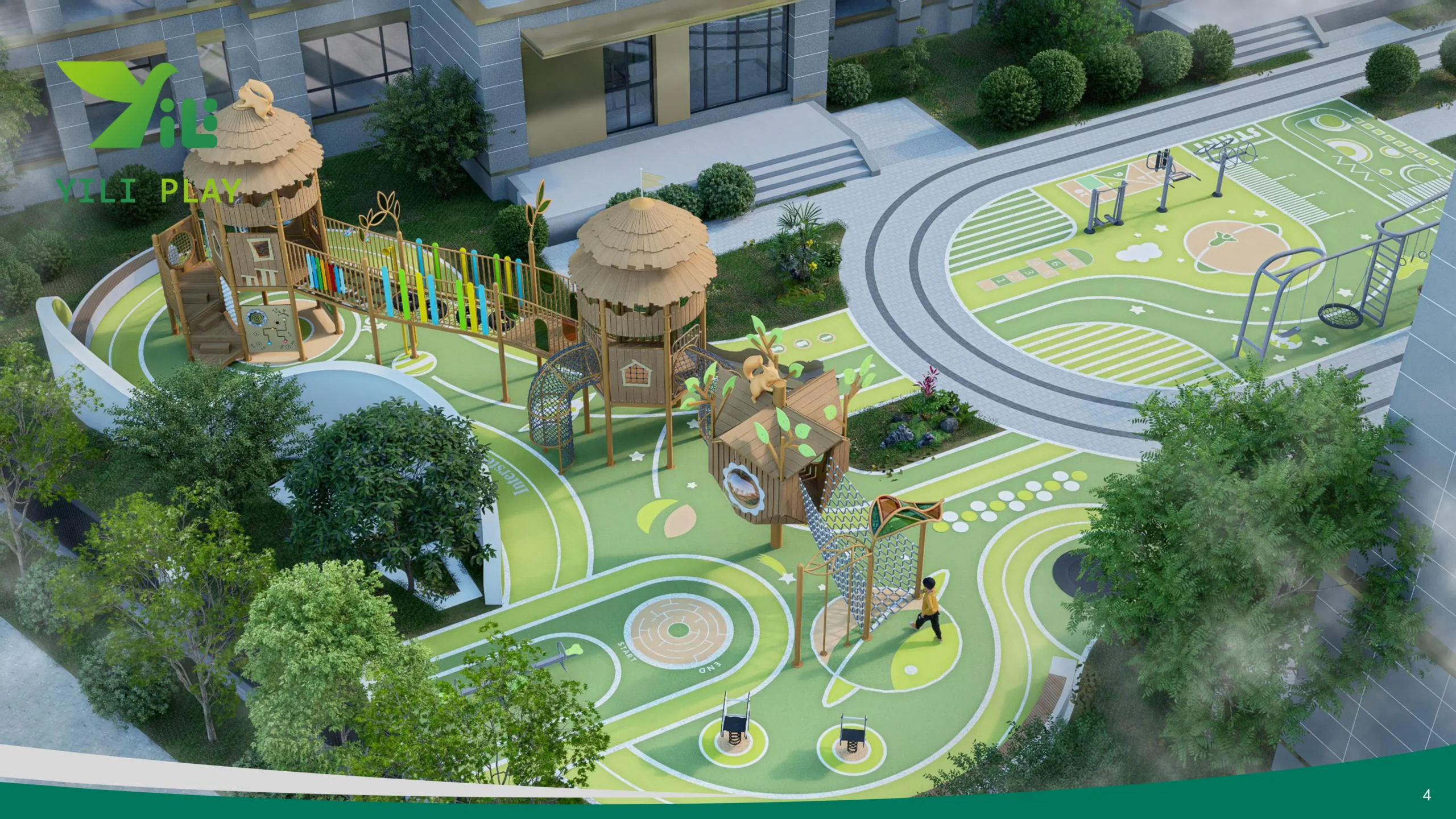 Plastic wood squirrel cage outdoor playground with climbing nets, rope bridges, and tower cabins in forest-inspired style