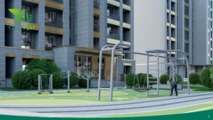 Plastic wood squirrel cage outdoor playground with climbing nets, rope bridges, and tower cabins in forest-inspired style