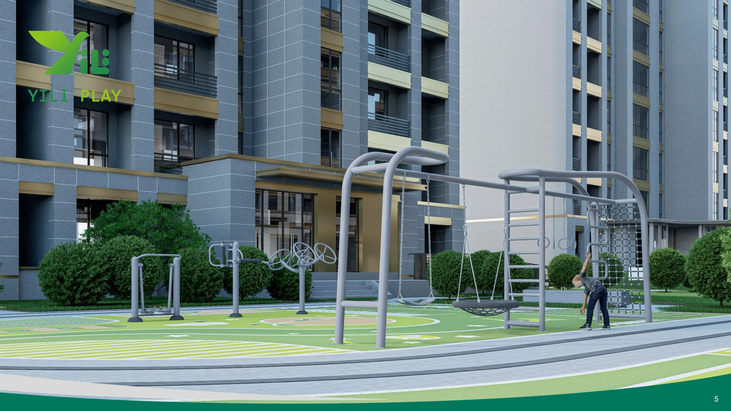 Plastic wood squirrel cage outdoor playground with climbing nets, rope bridges, and tower cabins in forest-inspired style