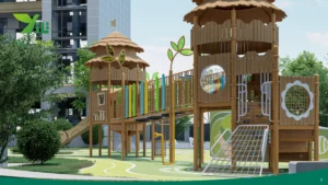 Plastic wood squirrel cage outdoor playground with climbing nets, rope bridges, and tower cabins in forest-inspired style