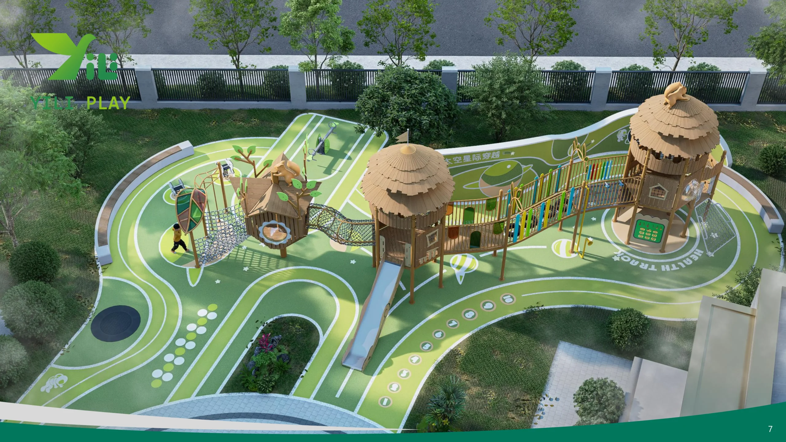 Plastic wood squirrel cage outdoor playground with climbing nets, rope bridges, and tower cabins in forest-inspired style