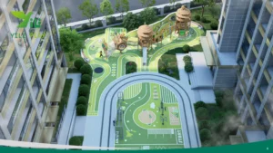 Plastic wood squirrel cage outdoor playground with climbing nets, rope bridges, and tower cabins in forest-inspired style