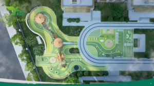 Plastic wood squirrel cage outdoor playground with climbing nets, rope bridges, and tower cabins in forest-inspired style