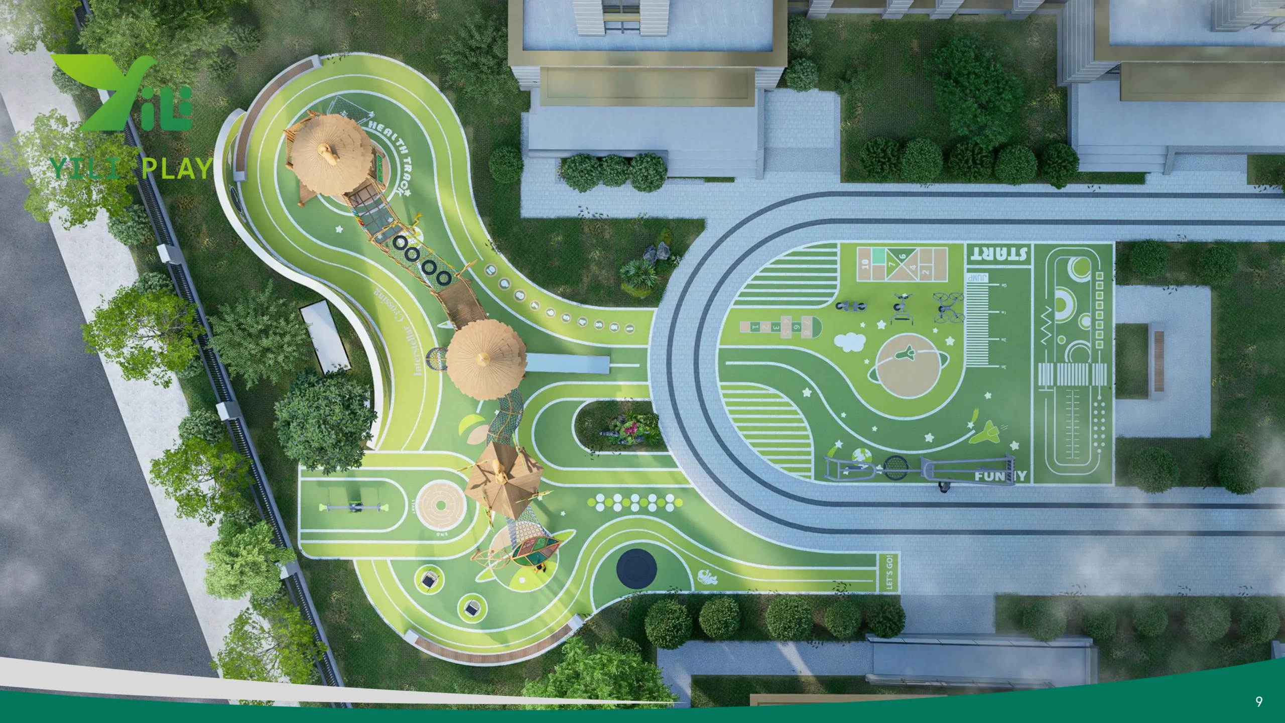 Plastic wood squirrel cage outdoor playground with climbing nets, rope bridges, and tower cabins in forest-inspired style