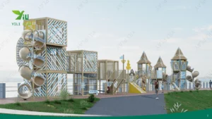 Seaside outdoor playground equipment with castle towers, climbing nets, and spiral tube slides in a cultural tourism park