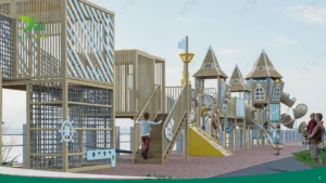 Seaside outdoor playground equipment with castle towers, climbing nets, and spiral tube slides in a cultural tourism park