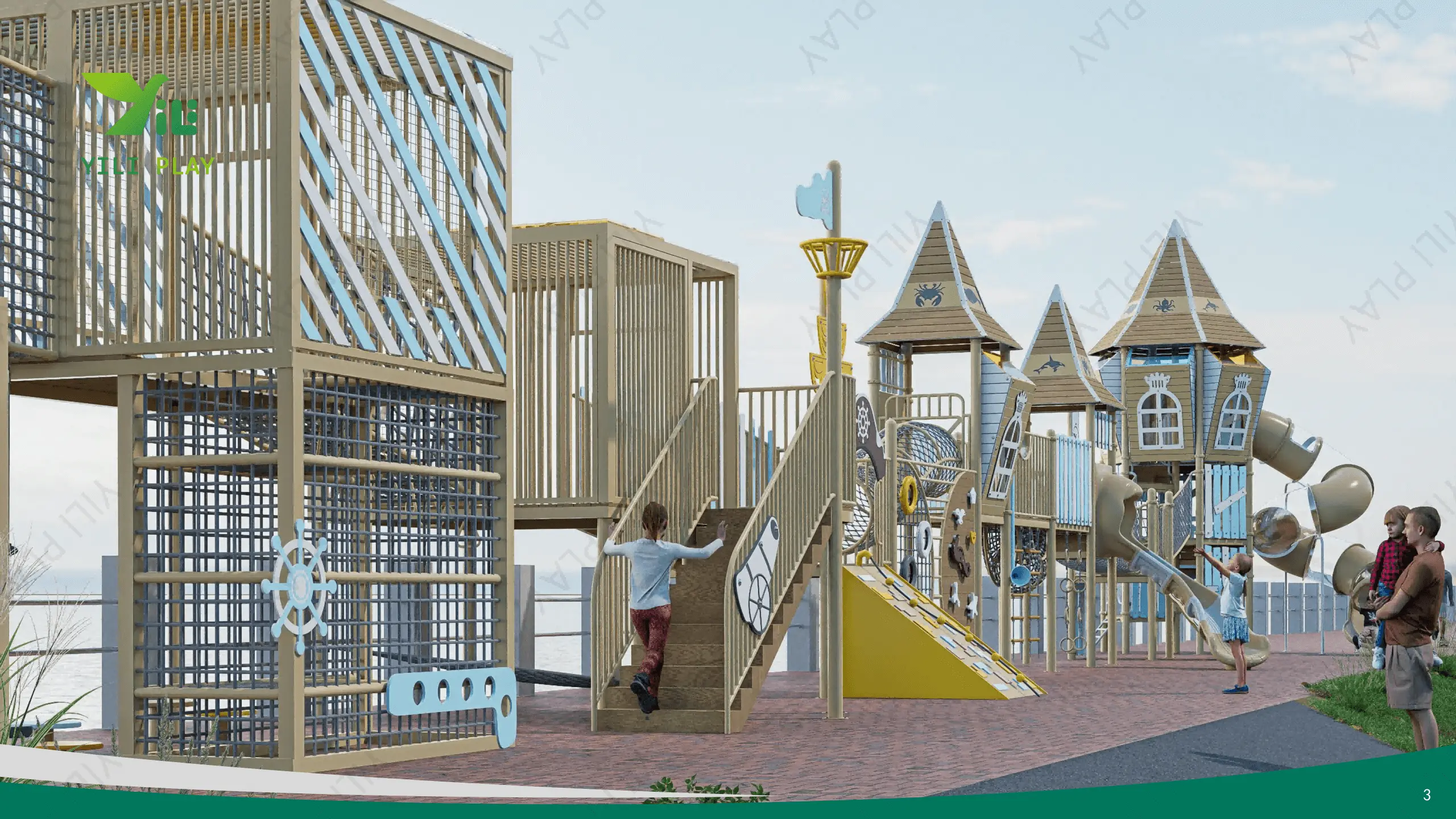 Seaside outdoor playground equipment with castle towers, climbing nets, and spiral tube slides in a cultural tourism park