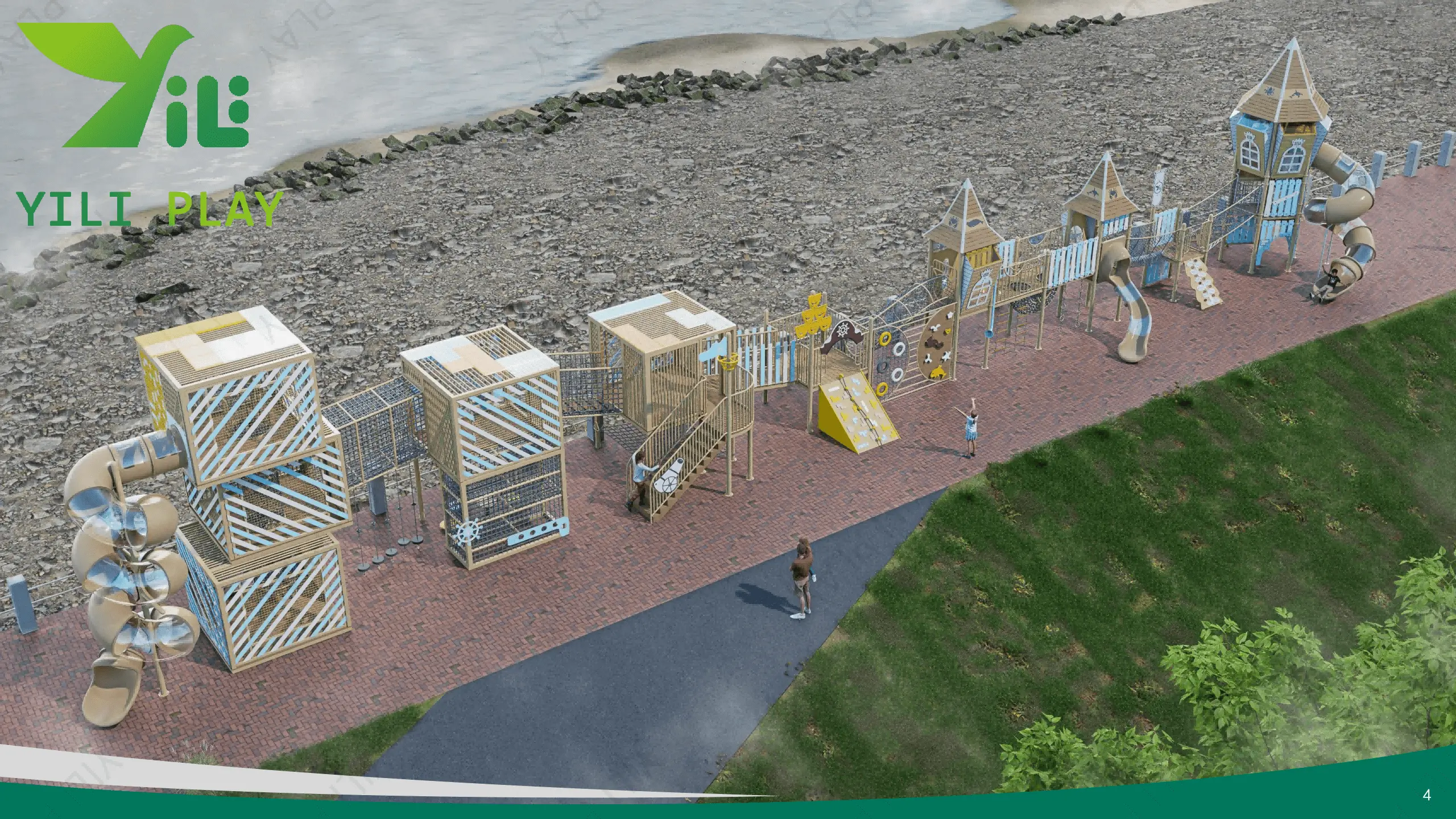 Seaside outdoor playground equipment with castle towers, climbing nets, and spiral tube slides in a cultural tourism park