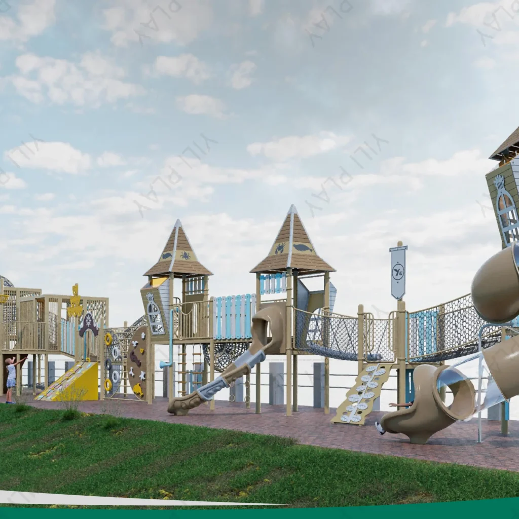 Seaside outdoor playground equipment with castle towers, climbing nets, and spiral tube slides in a cultural tourism park