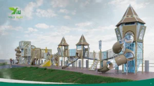 Seaside outdoor playground equipment with castle towers, climbing nets, and spiral tube slides in a cultural tourism park