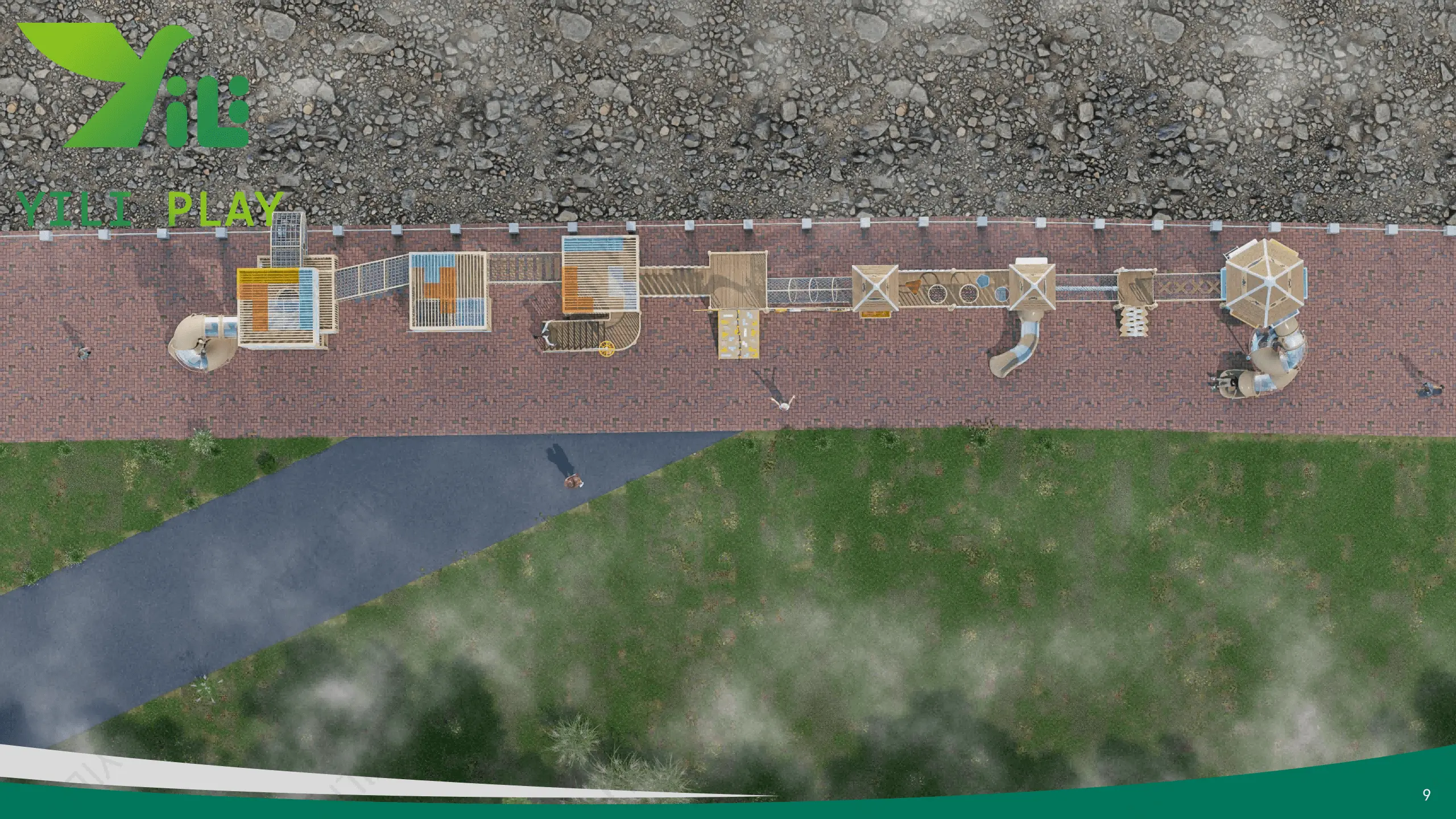 Seaside outdoor playground equipment with castle towers, climbing nets, and spiral tube slides in a cultural tourism park