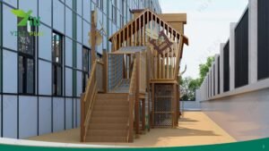 wooden playground bridge with rope tunnels, cabins, slides, and climbing nets in a school outdoor play area