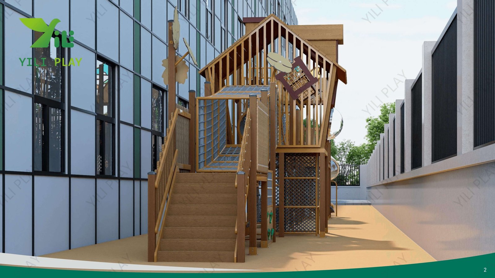 wooden playground bridge with rope tunnels, cabins, slides, and climbing nets in a school outdoor play area