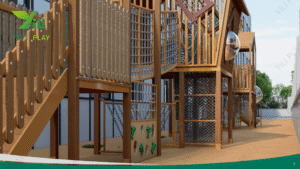wooden playground bridge with rope tunnels, cabins, slides, and climbing nets in a school outdoor play area