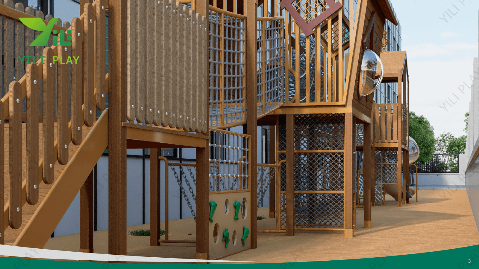 wooden playground bridge with rope tunnels, cabins, slides, and climbing nets in a school outdoor play area