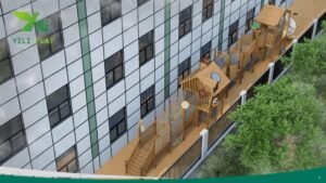wooden playground bridge with rope tunnels, cabins, slides, and climbing nets in a school outdoor play area