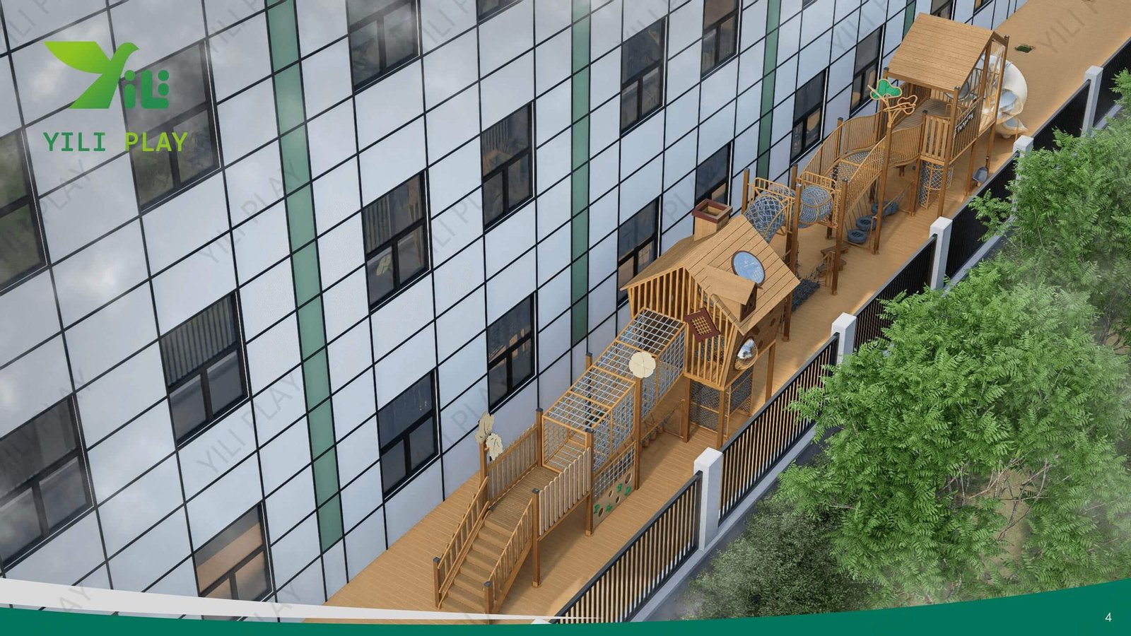 wooden playground bridge with rope tunnels, cabins, slides, and climbing nets in a school outdoor play area