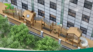 wooden playground bridge with rope tunnels, cabins, slides, and climbing nets in a school outdoor play area