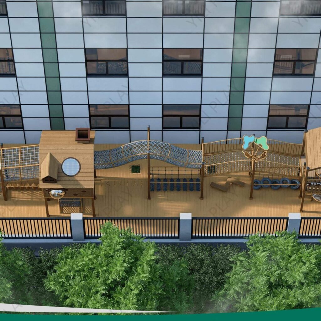 wooden playground bridge with rope tunnels, cabins, slides, and climbing nets in a school outdoor play area