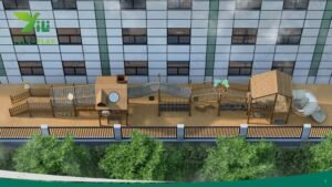 wooden playground bridge with rope tunnels, cabins, slides, and climbing nets in a school outdoor play area