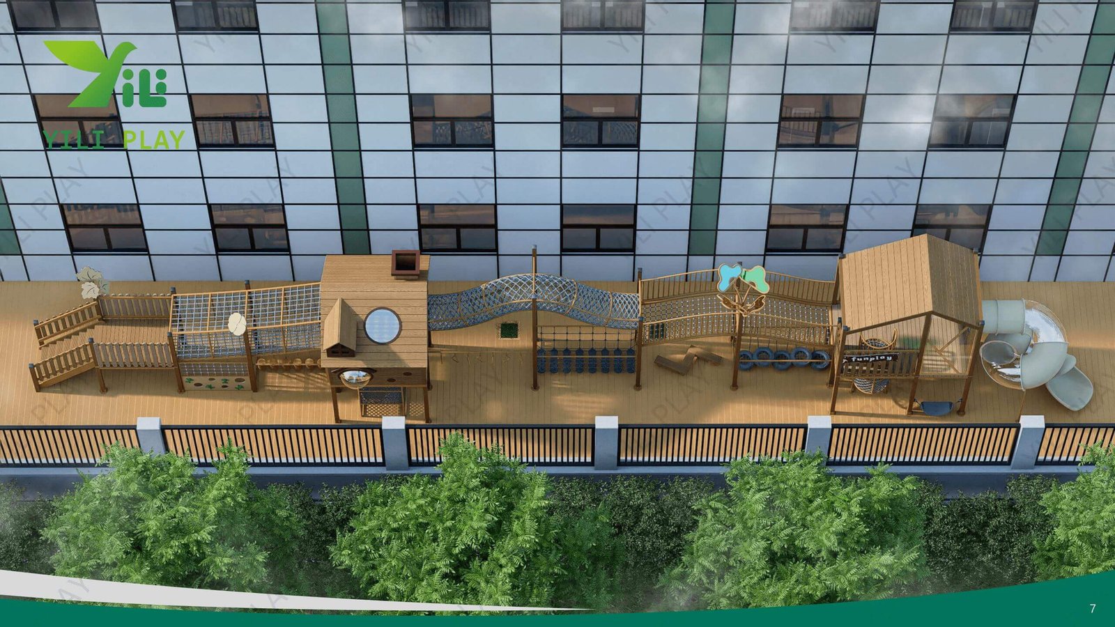 wooden playground bridge with rope tunnels, cabins, slides, and climbing nets in a school outdoor play area