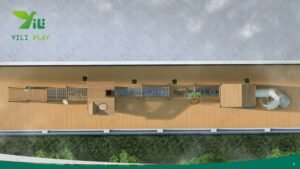 wooden playground bridge with rope tunnels, cabins, slides, and climbing nets in a school outdoor play area