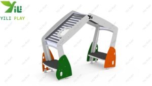 Outdoor role-play town playground with PE board gas stations, shops, traffic lights, and themed playhouses for children