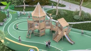 plastic wood outdoor playground equipment with slides climbing nets and towers EN1176 certified