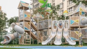 plastic wood and HPL outdoor playground equipment with slides tunnels and climbing frames EN1176 certified