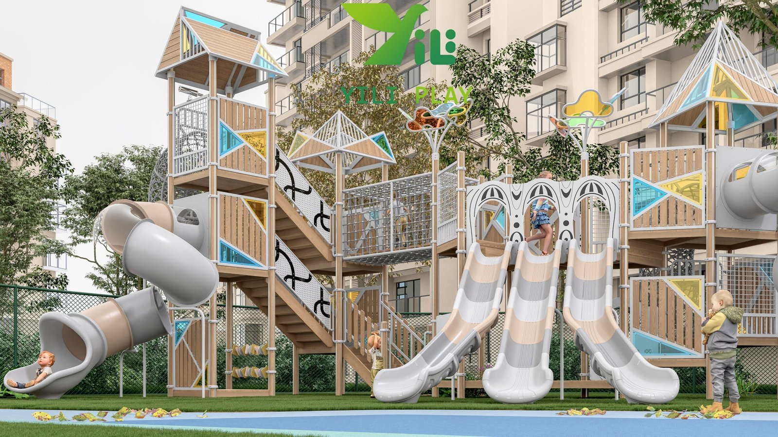 plastic wood and HPL outdoor playground equipment with slides tunnels and climbing frames EN1176 certified